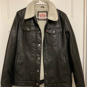 Levi's Black faux Leather Jacket with Cream Sherpa Lining and Collar